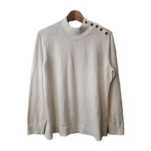 Calvin Klein Sweater Woman's Large White Cream Mock Neck Gold Button Detail